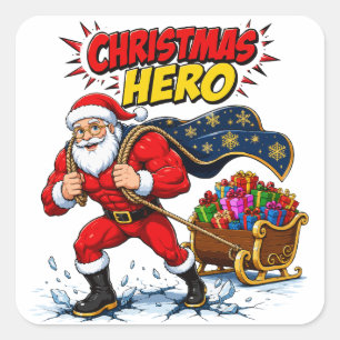 Weihnachtsheld Comic Santa Claus Quadratischer Aufkleber
