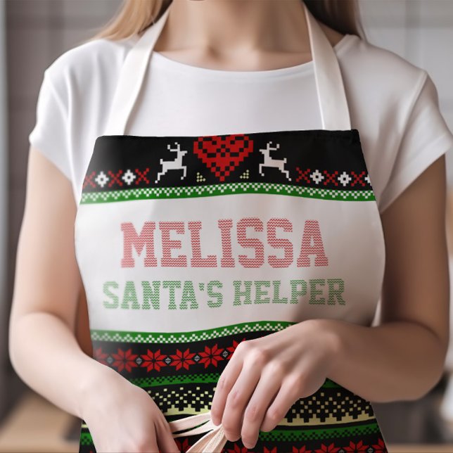 Weihnachtshelfer Ugly Weihnachtsweihnachtswein Schürze (Cute Santa's Helper Ugly Sweater Apron with Any Name in Faux Stitched Typography | SIZE LARGE)