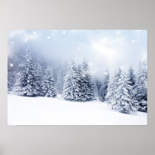 Weihnachtshintergrund mit Snowy-Tannenbäumen 2 Poster