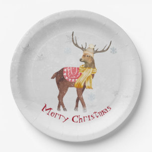 Weihnachtshirsch in Schneeflocken Pappteller