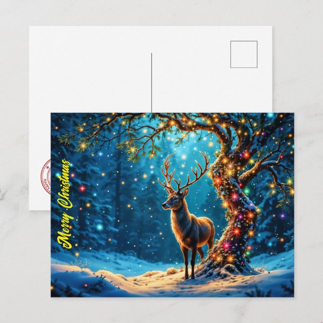 Weihnachtshirsche schneebedeckter Glitzer Glühen Postkarte (Vorne/Hinten)