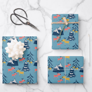 Weihnachtshirsche, Weihnachtsbäume, Berge Wrappi Geschenkpapier Set