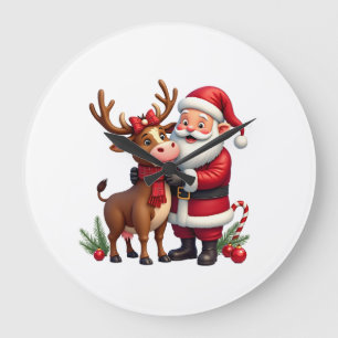 Weihnachtshochlandkuh mit Santa Schottland Vintage Große Wanduhr