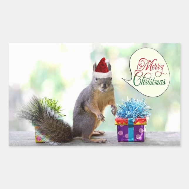 Weihnachtshörnchen mit Weihnachtsgeschenken Rechteckiger Aufkleber (Vorderseite)