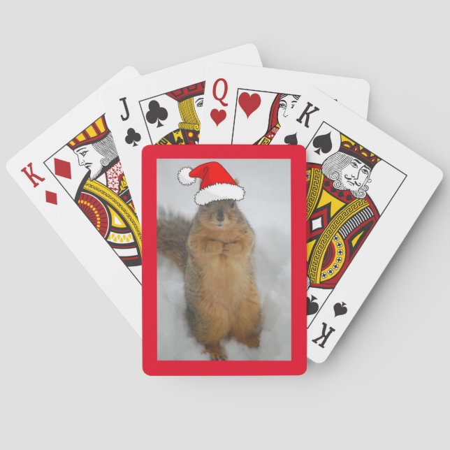 Weihnachtshörnchen mit Weihnachtsmannmütze Spielkarten (Rückseite)