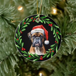 Weihnachtshund Boxer Weihnachtsmannmütze Urlaub Keramik Ornament