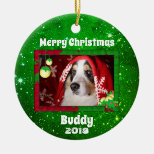 Weihnachtshund Foto Name Jahr Grün Keramik Ornament