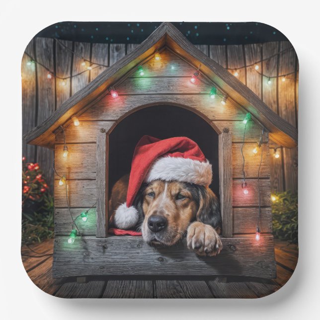 Weihnachtshund Hund in Doghouse Pappteller (Vorderseite)