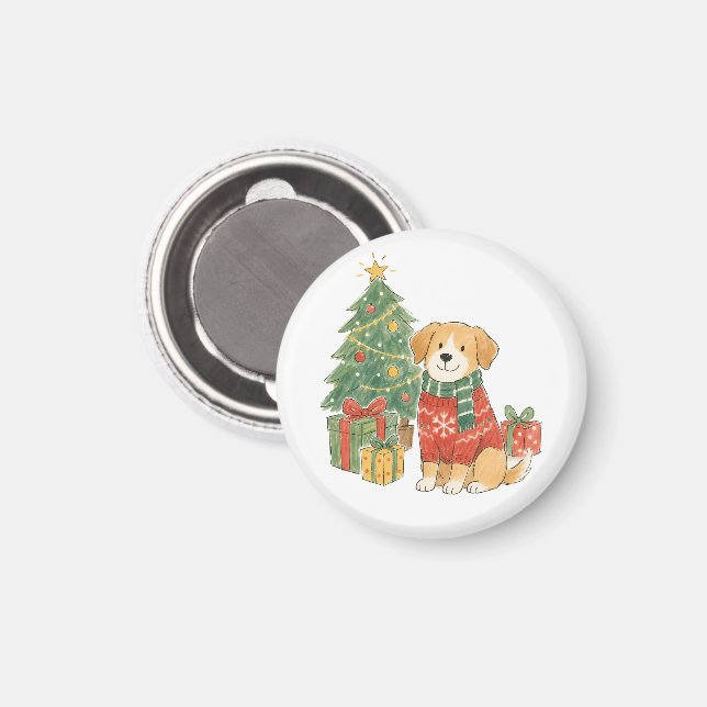 Weihnachtshund im Pullover mit Weihnachtsbaum  Magnet (Vorderseite/Rückseite)