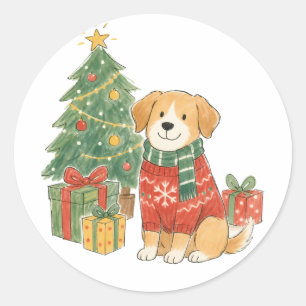 Weihnachtshund im Pullover mit Weihnachtsbaum Runder Aufkleber
