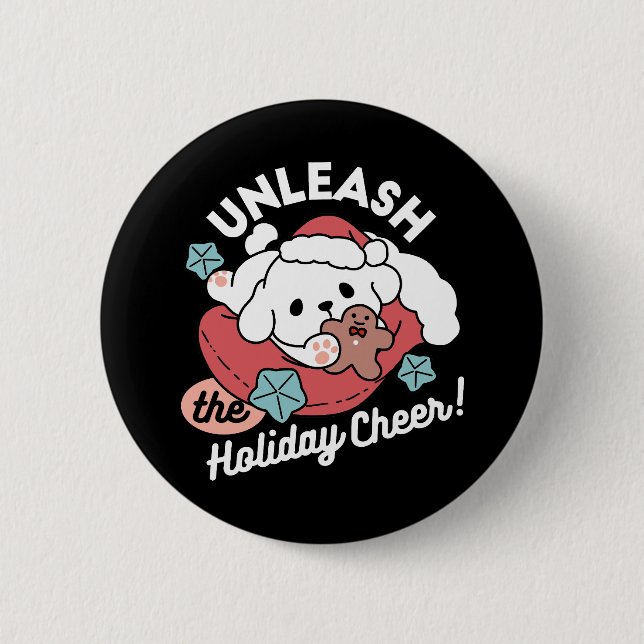 Weihnachtshund in der Weihnachtsmannmütze - Feiert Button (Vorderseite)