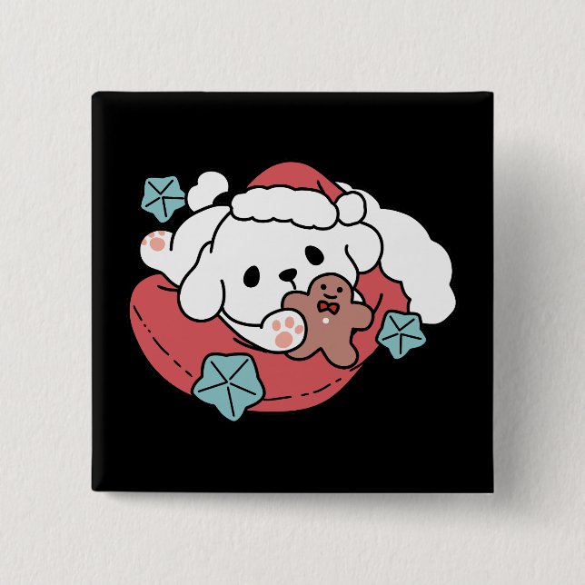 Weihnachtshund in der Weihnachtsmannmütze - Feiert Button (Vorderseite)