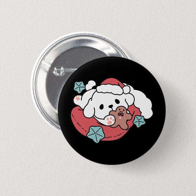 Weihnachtshund in der Weihnachtsmannmütze - Feiert Button (Vorne & Hinten)