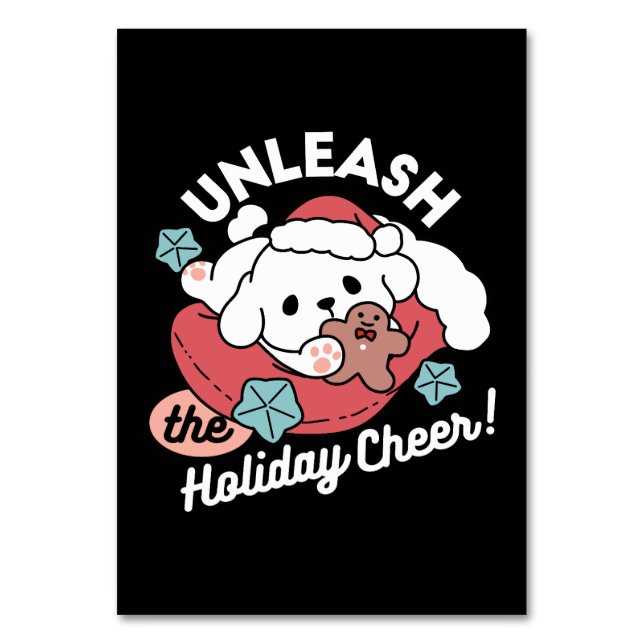 Weihnachtshund in der Weihnachtsmannmütze - Feiert Tischnummer (Vorderseite)