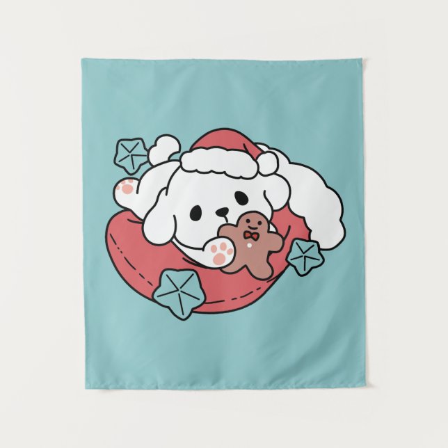 Weihnachtshund in der Weihnachtsmannmütze - Feiert Wandteppich (Vorderseite)