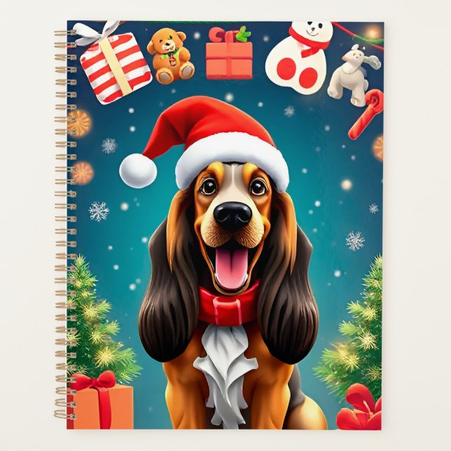 Weihnachtshund in der Weihnachtsmannmütze Planer (Vorderseite)