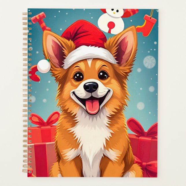 Weihnachtshund in der Weihnachtsmannmütze Planer (Vorderseite)