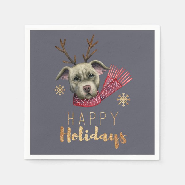 Weihnachtshund mit Antlern, Happy Holidays Serviette (Vorderseite)