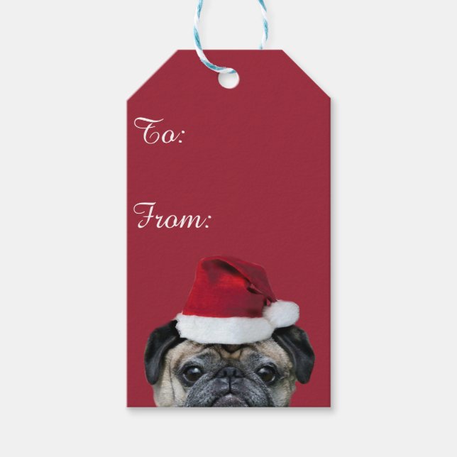 Weihnachtshund Mops Geschenkanhänger (Vorderseite)