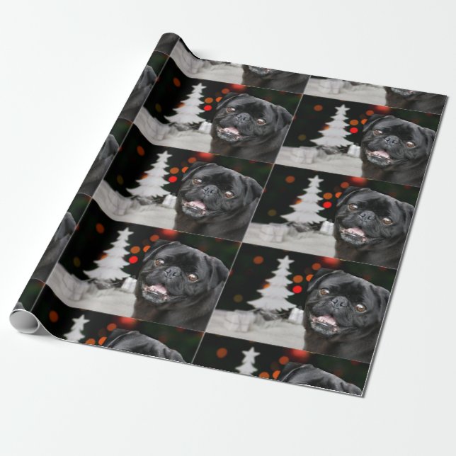 Weihnachtshund Mops Geschenkpapier (Ungerollt)