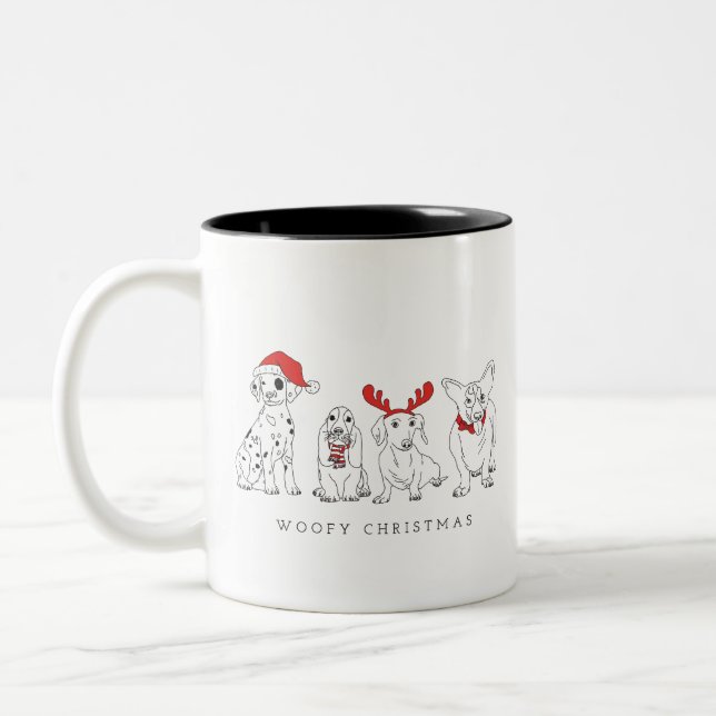 Weihnachtshund Puns Santa Dogs Woofy Weihnachten Zweifarbige Tasse (Links)