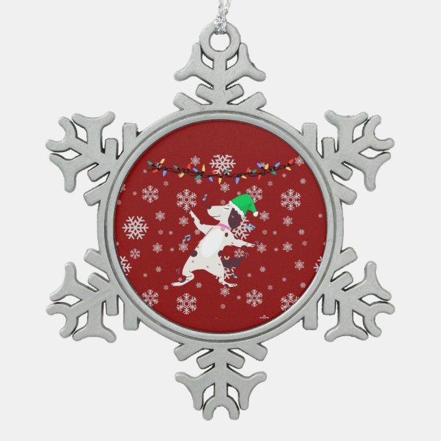 Weihnachtshund Schneeflocken Zinn-Ornament (Vorderseite)