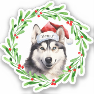Weihnachtshund Siberischer Husky Weihnachtsmannmüt Aufkleber