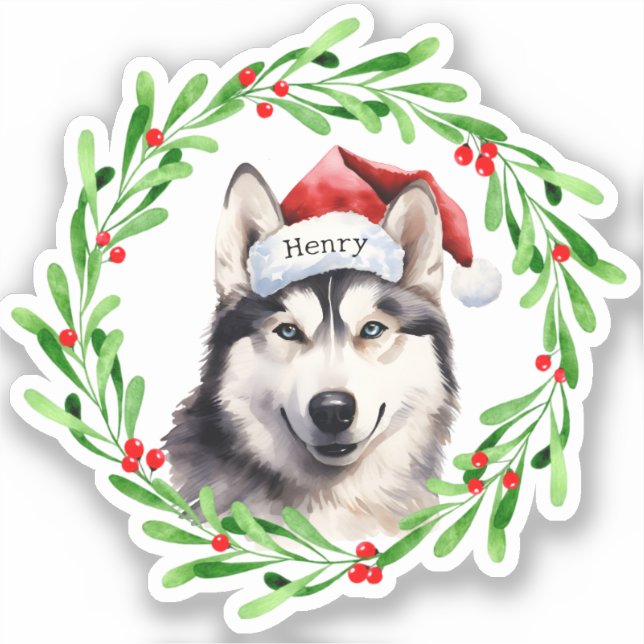 Weihnachtshund Siberischer Husky Weihnachtsmannmüt Aufkleber (Vorderseite)
