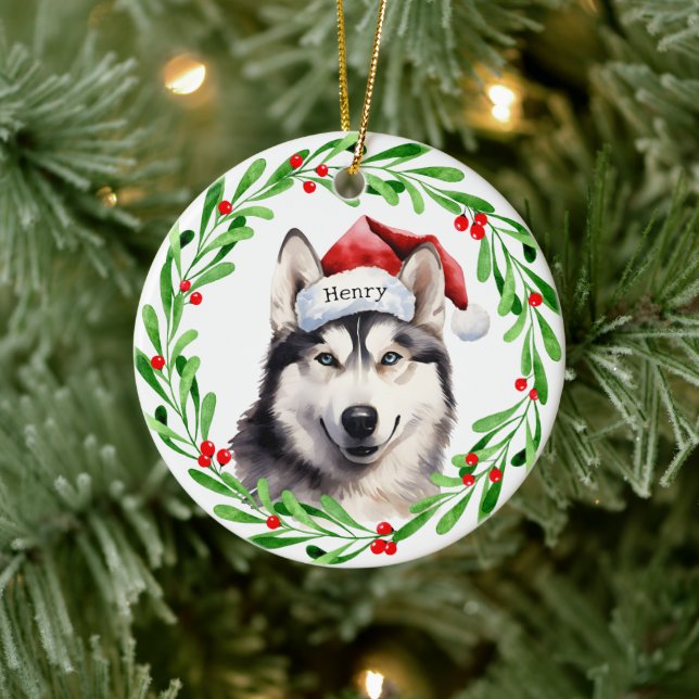 Weihnachtshund Siberischer Husky Weihnachtsmannmüt Keramik Ornament (Baum)
