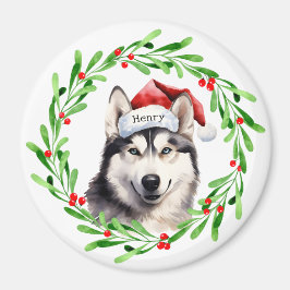 Weihnachtshund Siberischer Husky Weihnachtsmannmüt Magnet