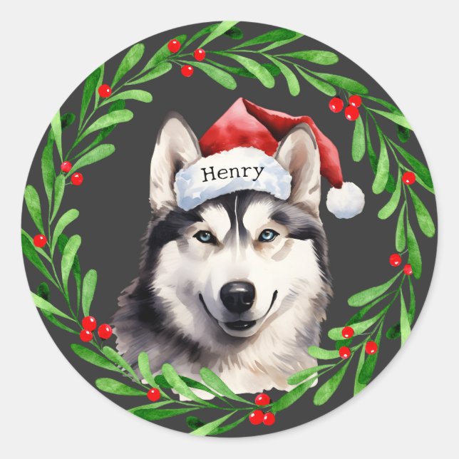 Weihnachtshund Siberischer Husky Weihnachtsmannmüt Runder Aufkleber (Vorderseite)