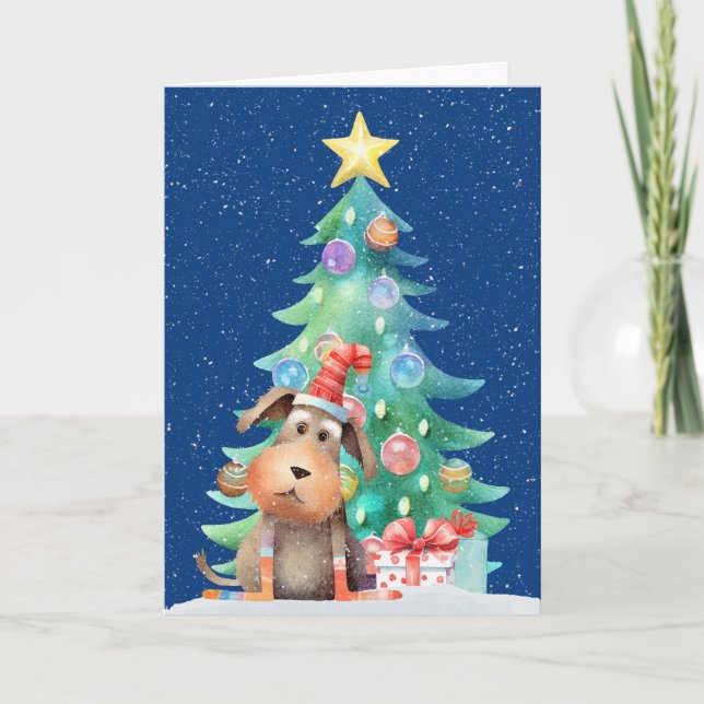 Weihnachtshund und Baum in Schneeflocken Feiertagskarte (Vorderseite)