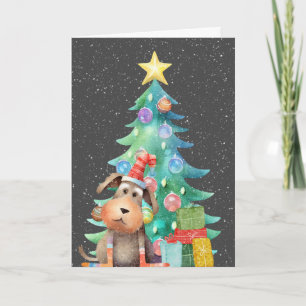Weihnachtshund und Baum in Schneeflocken Feiertagskarte