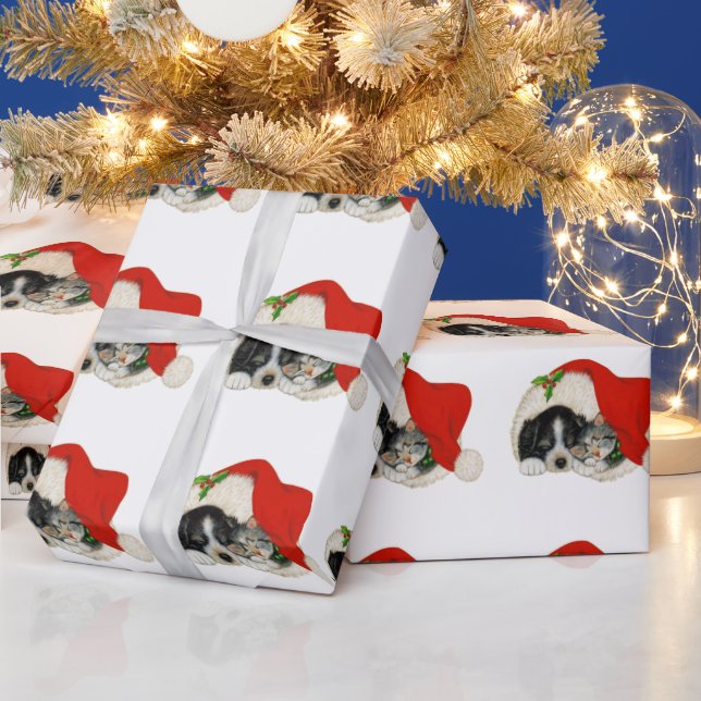 Weihnachtshund und Katze in einer Weihnachtsmannmü Geschenkpapier (Feiertage)
