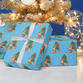 Weihnachtshund und Pinienbäume in Schneeflocken Geschenkpapier