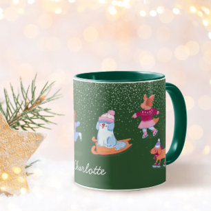 Weihnachtshunde beim Eislaufen Xmas Grüne Namens-T Tasse