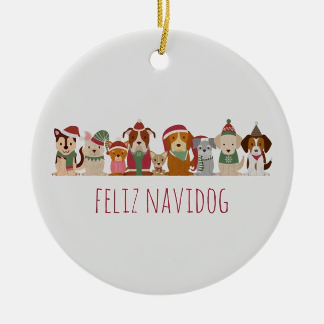 Weihnachtshunde Feliz Navidog Keramik Ornament (Vorne)