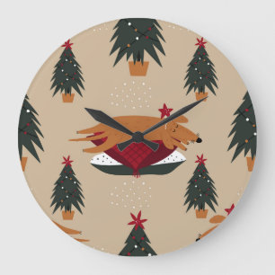 Weihnachtshunde, festlicher Winterhintergrund. Große Wanduhr