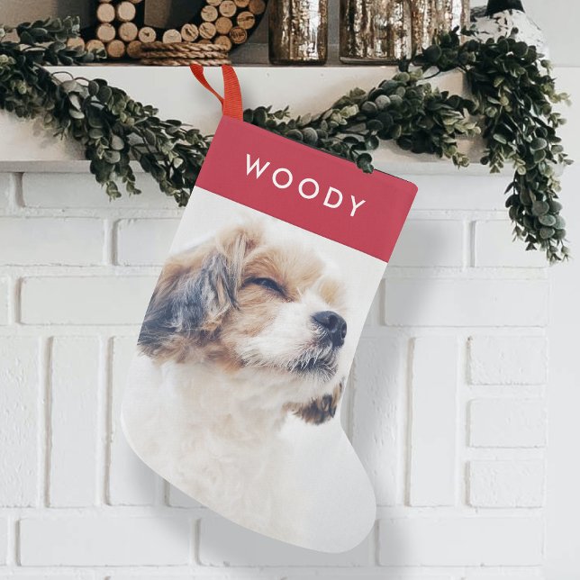 Weihnachtshunde-Foto | Modernes, stilvolles Rotes  Kleiner Weihnachtsstrumpf (Dog photo Christmas stocking by Guava, featuring a modern red design and custom pet name)