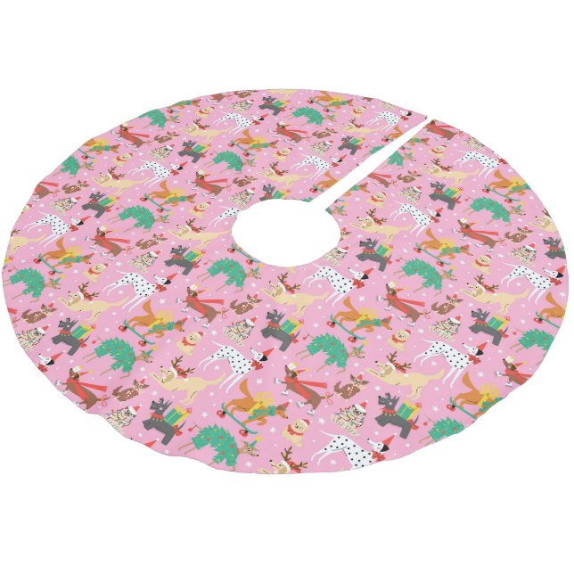 Weihnachtshunde im Outfits Muster Polyester Weihnachtsbaumdecke (Schrägansicht)