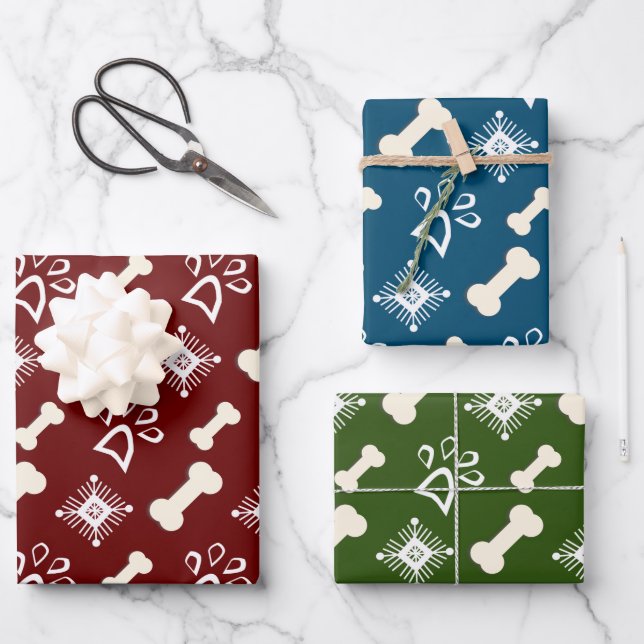 Weihnachtshunde Knochen-Schneeflocke Muster Geschenkpapier Set (Vorderseite)