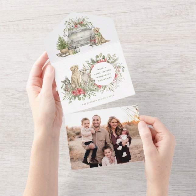 Weihnachtshunde mit Auto | Weihnachtskarte für das All In One Einladung (Abreißen)