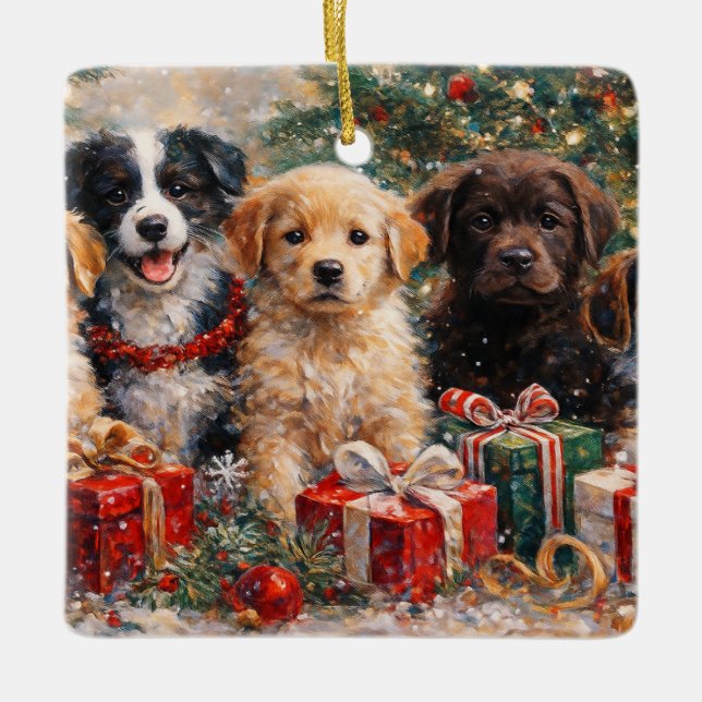 Weihnachtshunde mit Geschenken unter dem geschmück Keramikornament (Vorderseite)