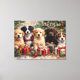 Weihnachtshunde mit Geschenken unter dem geschmück Leinwanddruck