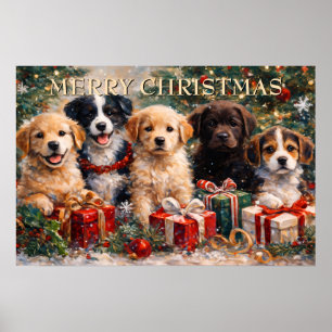 Weihnachtshunde mit Geschenken unter dem geschmück Poster