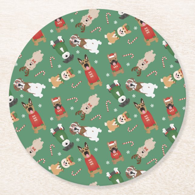 Weihnachtshunde Muster Red Green Runder Pappuntersetzer (Vorderseite)