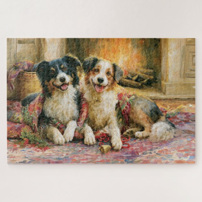 Weihnachtshunde Rustikaler Kamin Nostalgisches Gem Puzzle (Horizontal)