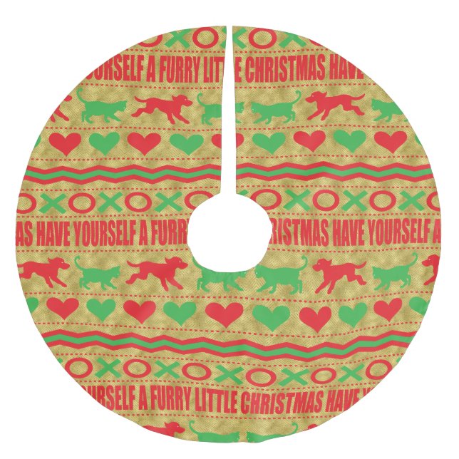 Weihnachtshunde und Katzen-Furries Polyester Weihnachtsbaumdecke (Vorderseite)