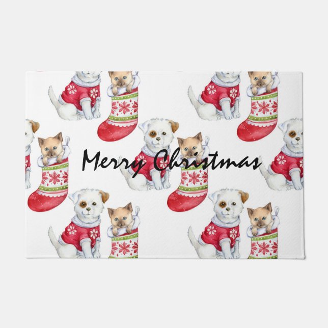 Weihnachtshunde und Katzen-Strümpfe Fußmatte (Vorderseite)