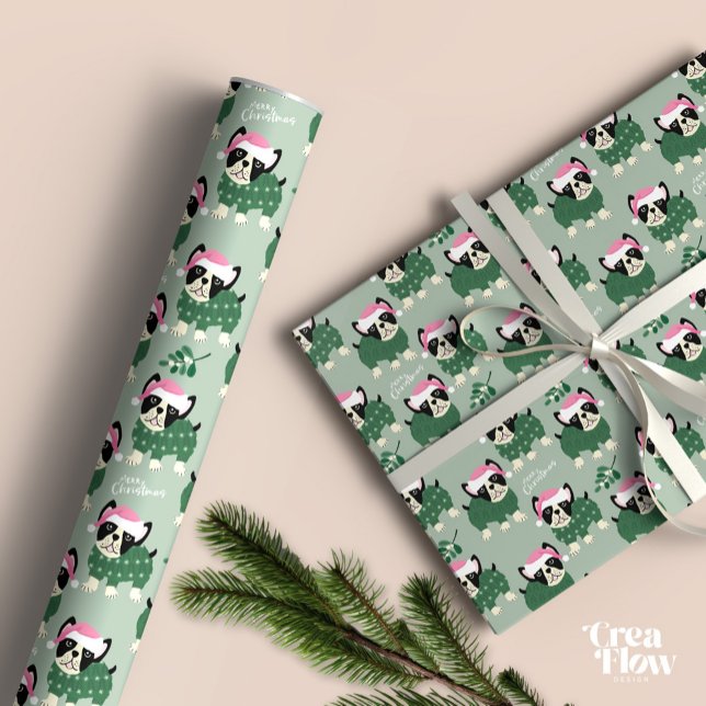 Weihnachtshundpapier Geschenkpapier (Christmas wrap paper featuring cute Frenchie with knitted overall and text Merry Christmas.)